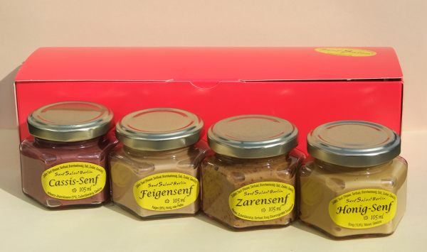 Senf und Feines aus dem Havelland * Geschenk-Set mit 4 Senfen im roten Präsentkarton